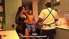 Stepmother Fucks Muscular Stepson Behind Husband with Huge Tits Shaking