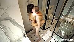 hey this hot brunette jumps in my shower ready for wild pounding
