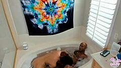 i bent over in the bubbly bathtub for quickie doggystyle pounding on my shaved pussy by huge black cock