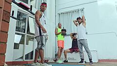 Skinny latina slut anal fucked hard during workout creampie and piss play