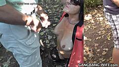 Wife gulps down cumshots and piss from group at highway orgy