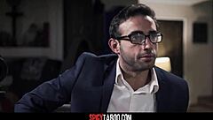 Hot brunette babe drops to knees for deepthroat blowjob before hardcore threesome pounding