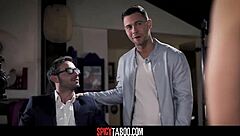 Hot brunette babe drops to knees for deepthroat blowjob before hardcore threesome pounding