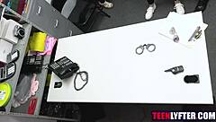 Security guard pounds shoplifting teen's shaved pussy relentlessly