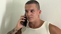 Skinny slutty wife moans as two hung yoga trainers stretch her tight pussy while cuck hubby watches