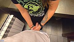 Homemade milf begs for creampie in her tight wet 18+ pussy at public restaurant toilet.