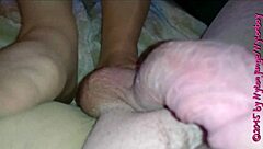 german granny in nylons teases young guy's cock with her hairy feet close up