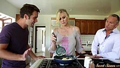 Stepmom milf takes pounding in missionary before cum sprays her big tits and classy body