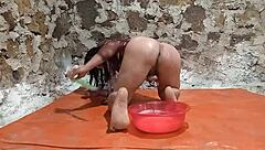 TS Shemale Pisses in Gaping Ass with Cucumber Stretch?