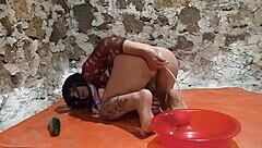 TS Shemale Pisses in Gaping Ass with Cucumber Stretch?