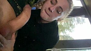 Skinny slut sucks dick in public for cum in mouth after ball licking