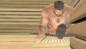 Bezpečnostní kamera zachytí Heywarda, jak drsně buší tu cheerleaderku s výstřikem na prsa v parní sauně.