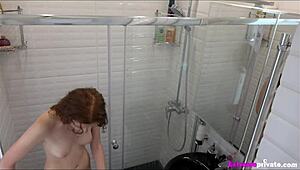 Stepdaughter secretly touches her smooth area on hidden cam in the shower