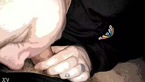 Wanita beri blowjob terperinci dengan hisap dalam dan telan penuh pada kote keras itu