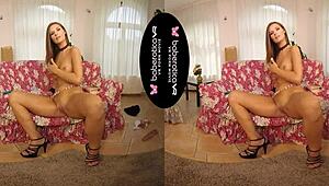 Can solo girl Jenifer Jane really handle that dildo masturbation in VR with her shaved pussy spreading?