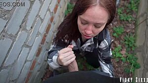 You won't believe this quick risky blowjob behind the garages - she swallowed a full mouthful of cum!