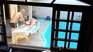 She Visited For Poolside Massage But Got Oiled Handjob And Blowjob With Fingering On Desk