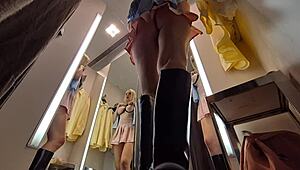 hot blonde without panties, try on haul see-through clothes... hidden camera in dressing room catches upskirt tits and wet pussy