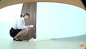 암시적인 일본 여자가 화장실 칸에서 팬티를 적셔요