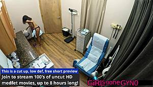 Curly long hair patient Genesis undergoes 1st gyno exam with nurse in gloves for anal fingering gaping shaved pussy spreading and humiliation in hospital backstage close up