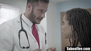 Young ebony patient bent over for doctor's rough doggystyle