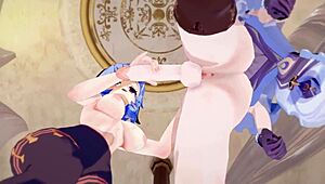 Ganyu gets creampied by futanari Keqing in Genshin Impact action