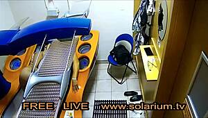 Couple caught banging hard in public solarium on hidden cam