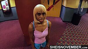 Boom! Playing Step Daughter's Huge Ebony Tits in Movie Theater