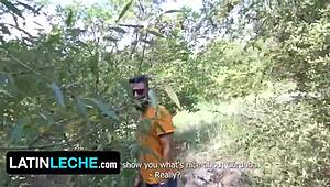 Muscular Latino amateur slobbers and rides stranger's cock outdoors