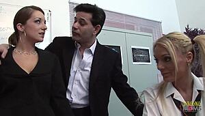 Wow, two sexy babes sucking and banging hard in the classroom! What a wild 4some!