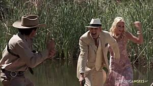 Group of naughty friends banging together in outdoor fun