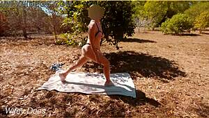 i'm the sexy mother-in-law doin nude yoga in the public park with my tits out, oops
