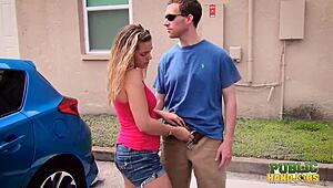 Oh man, Kendra Lynn is jerking that cock right in the apartment parking lot for a wild public handjob! 😏