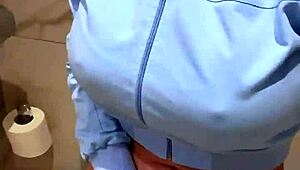 Hiding in toilet to masturbate, this bald slut craves huge cum on leggings and pussy solo