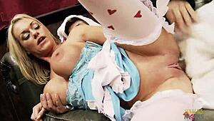 Does this hot milf in stockings want to ride my hard cock on the sofa?