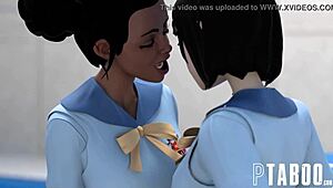 Watch Penny's Break April O'Neil and Kira Noir in this hentai lesbian threesome with milf pussy and boobs action!