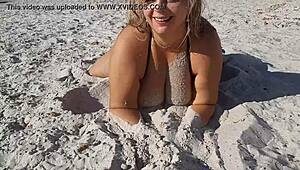 hot big booty milf shows off her huge boobs and gets a public massage outdoors.
