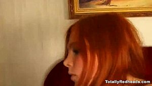 Cute redhead Yulia enjoys group blowjob and pussy play