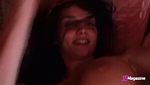 Brunette teen Katie Fey sensually explores her naked body on the couch, teasing her natural tits and slender figure