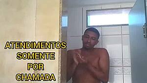 Dark-skinned guy in shower for video call service