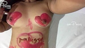 amateur asian girl draws on naked shaved body with lipstick