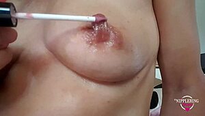 Nippleringlover hot mom fucks with extreme stretched pierced nipples using lipstick