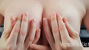 Victoria's all wet and playing with her nipples.