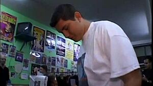 Hot blonde babe licking pussy and giving blowjobs to a group outdoors