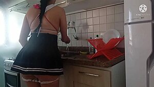 latina pornstar washing dishes in the kitchen