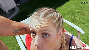 This hot blonde amateur girlfriend gets anal banged outdoors in her bikini with friends.