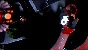 Captain Firehawk strips naked a giant alien monster girl in red latex suit during hentai retro striptease.