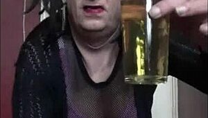 Bisexual crossdresser pissing and swallowing twice for wild fun