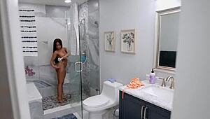 Beautiful black stepdaughter with huge natural tits showers with stepdad