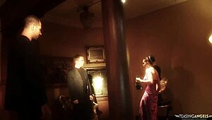 enjoying her time at the castle the naughty brunette gets fucked hard in a threesome